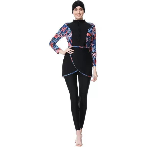 Burkini Swimsuits for Women Modest Muslim Swimsuit Islamic Long Sleeve Burkini Full Cover Hijab Top Pants Bathing SuitBlack  Blue Print