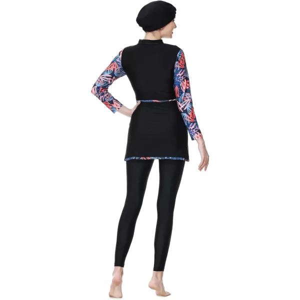 Burkini Swimsuits for Women Modest Muslim Swimsuit Islamic Long Sleeve Burkini Full Cover Hijab Top Pants Bathing SuitBlack  Blue Print