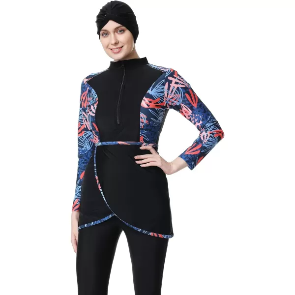 Burkini Swimsuits for Women Modest Muslim Swimsuit Islamic Long Sleeve Burkini Full Cover Hijab Top Pants Bathing SuitBlack  Blue Print