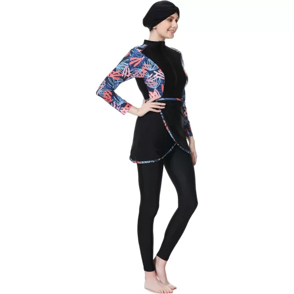 Burkini Swimsuits for Women Modest Muslim Swimsuit Islamic Long Sleeve Burkini Full Cover Hijab Top Pants Bathing SuitBlack  Blue Print