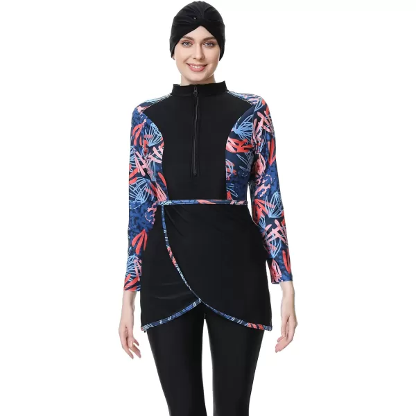 Burkini Swimsuits for Women Modest Muslim Swimsuit Islamic Long Sleeve Burkini Full Cover Hijab Top Pants Bathing SuitBlack  Blue Print