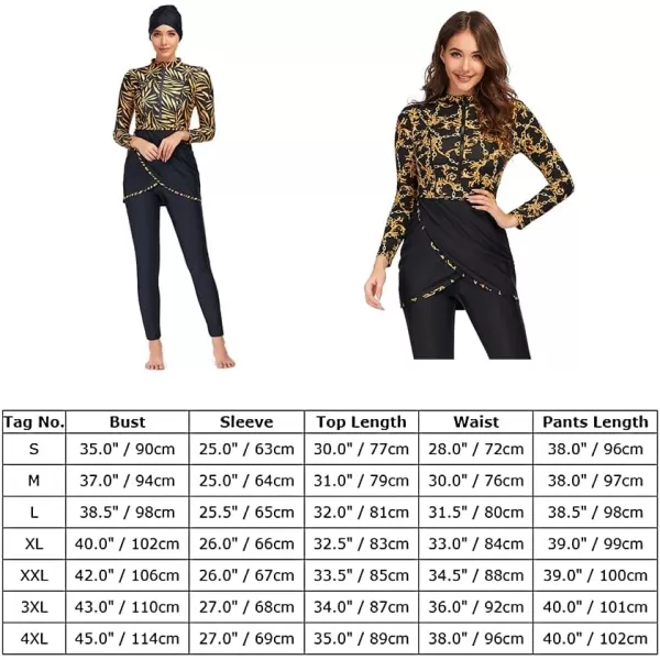 Burkini Swimsuits for Women Modest Muslim Swimsuit Islamic Long Sleeve Burkini Full Cover Hijab Top Pants Bathing SuitBlack  Gold Floral