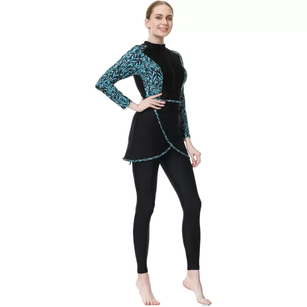 Burkini Swimsuits for Women Modest Muslim Swimsuit Islamic Long Sleeve Burkini Full Cover Hijab Top Pants Bathing SuitBlack  Green Print