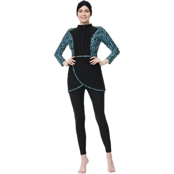 Burkini Swimsuits for Women Modest Muslim Swimsuit Islamic Long Sleeve Burkini Full Cover Hijab Top Pants Bathing SuitBlack  Green Print