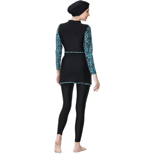 Burkini Swimsuits for Women Modest Muslim Swimsuit Islamic Long Sleeve Burkini Full Cover Hijab Top Pants Bathing SuitBlack  Green Print