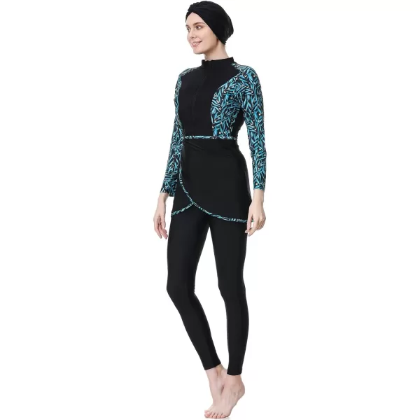 Burkini Swimsuits for Women Modest Muslim Swimsuit Islamic Long Sleeve Burkini Full Cover Hijab Top Pants Bathing SuitBlack  Green Print