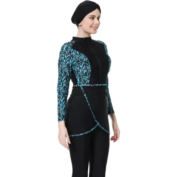 Burkini Swimsuits for Women Modest Muslim Swimsuit Islamic Long Sleeve Burkini Full Cover Hijab Top Pants Bathing SuitBlack  Green Print