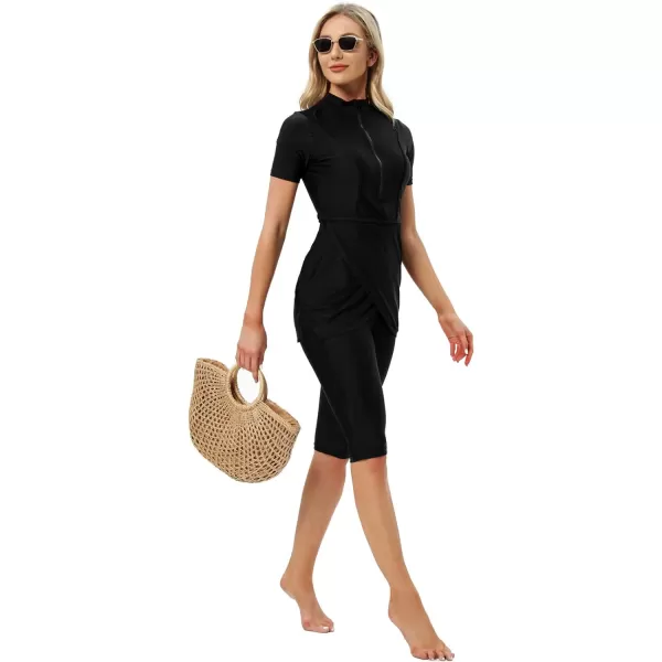 Burkini Swimsuits for Women Modest Muslim Swimsuit Islamic Long Sleeve Burkini Full Cover Hijab Top Pants Bathing SuitBlack  Short Solid