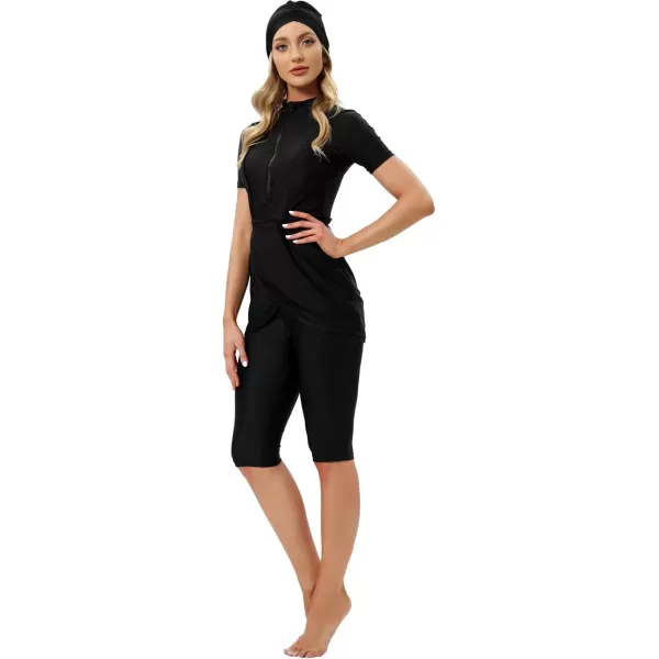 Burkini Swimsuits for Women Modest Muslim Swimsuit Islamic Long Sleeve Burkini Full Cover Hijab Top Pants Bathing SuitBlack  Short Solid