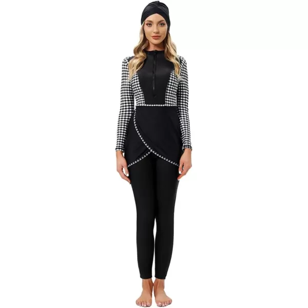 Burkini Swimsuits for Women Modest Muslim Swimsuit Islamic Long Sleeve Burkini Full Cover Hijab Top Pants Bathing SuitBlack  White Plaid