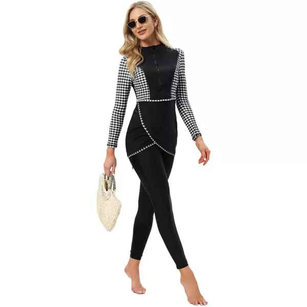 Burkini Swimsuits for Women Modest Muslim Swimsuit Islamic Long Sleeve Burkini Full Cover Hijab Top Pants Bathing SuitBlack  White Plaid