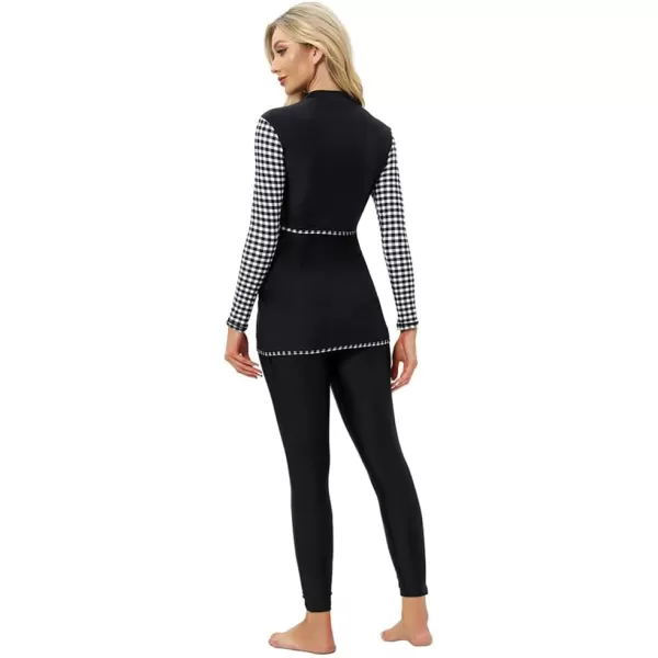 Burkini Swimsuits for Women Modest Muslim Swimsuit Islamic Long Sleeve Burkini Full Cover Hijab Top Pants Bathing SuitBlack  White Plaid