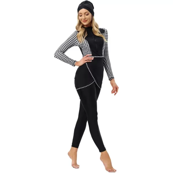 Burkini Swimsuits for Women Modest Muslim Swimsuit Islamic Long Sleeve Burkini Full Cover Hijab Top Pants Bathing SuitBlack  White Plaid