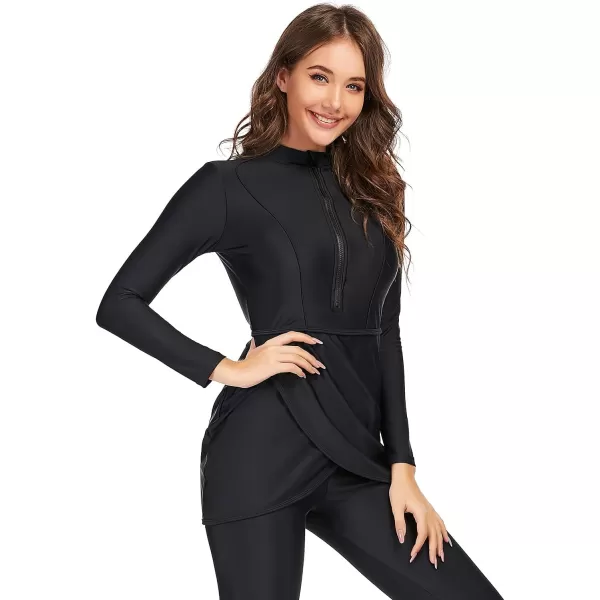 Burkini Swimsuits for Women Modest Muslim Swimsuit Islamic Long Sleeve Burkini Full Cover Hijab Top Pants Bathing SuitBlack