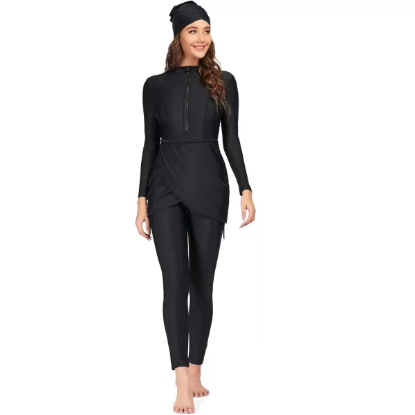 Burkini Swimsuits for Women Modest Muslim Swimsuit Islamic Long Sleeve Burkini Full Cover Hijab Top Pants Bathing SuitBlack