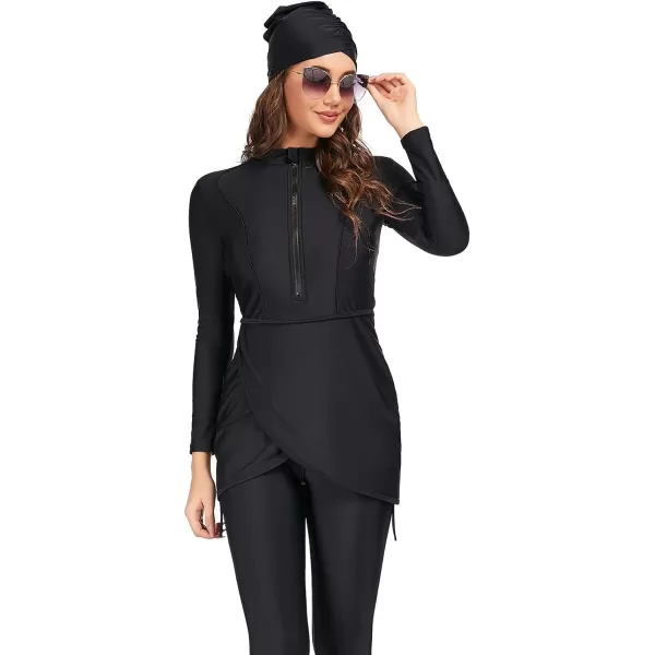 Burkini Swimsuits for Women Modest Muslim Swimsuit Islamic Long Sleeve Burkini Full Cover Hijab Top Pants Bathing SuitBlack