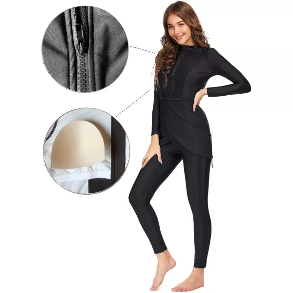 Burkini Swimsuits for Women Modest Muslim Swimsuit Islamic Long Sleeve Burkini Full Cover Hijab Top Pants Bathing SuitBlack