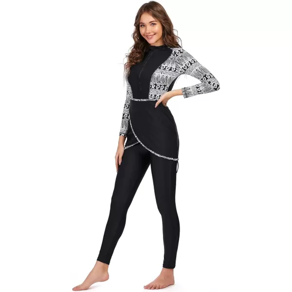 Burkini Swimsuits for Women Modest Muslim Swimsuit Islamic Long Sleeve Burkini Full Cover Hijab Top Pants Bathing SuitBlack Print