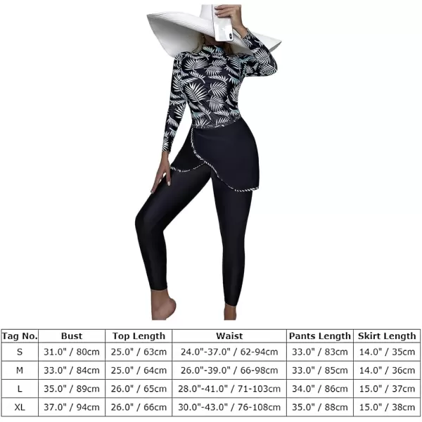 Burkini Swimsuits for Women Modest Muslim Swimsuit Islamic Long Sleeve Burkini Full Cover Hijab Top Pants Bathing SuitBlue Leaves  Pantskirt Set