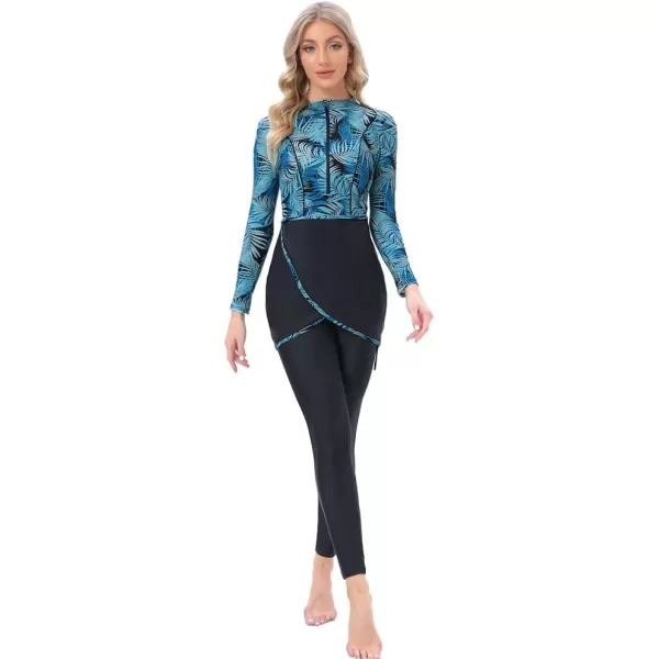 Burkini Swimsuits for Women Modest Muslim Swimsuit Islamic Long Sleeve Burkini Full Cover Hijab Top Pants Bathing SuitBlue Palmetto Leaf