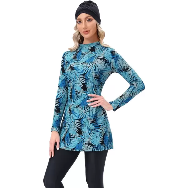 Burkini Swimsuits for Women Modest Muslim Swimsuit Islamic Long Sleeve Burkini Full Cover Hijab Top Pants Bathing SuitBlue Palmetto Leaf