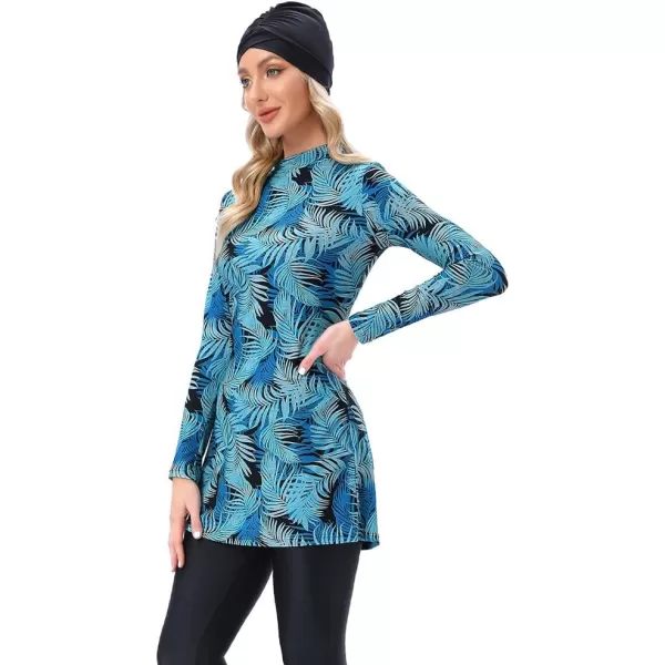 Burkini Swimsuits for Women Modest Muslim Swimsuit Islamic Long Sleeve Burkini Full Cover Hijab Top Pants Bathing SuitBlue Palmetto Leaf