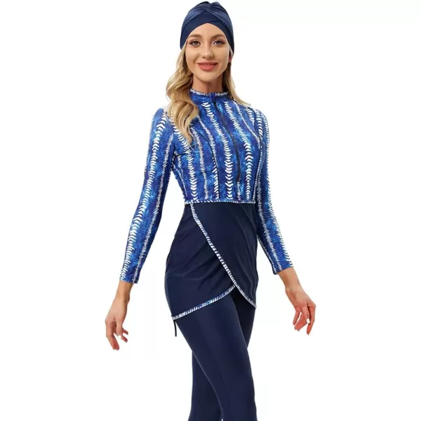 Burkini Swimsuits for Women Modest Muslim Swimsuit Islamic Long Sleeve Burkini Full Cover Hijab Top Pants Bathing SuitBlue Striped Print