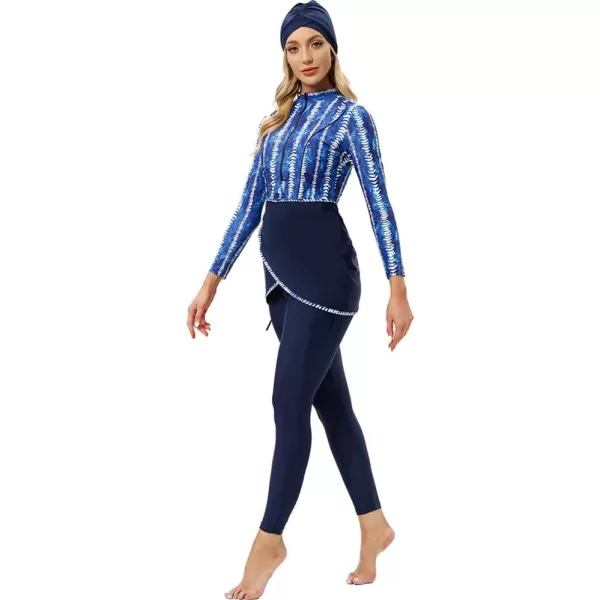 Burkini Swimsuits for Women Modest Muslim Swimsuit Islamic Long Sleeve Burkini Full Cover Hijab Top Pants Bathing SuitBlue Striped Print