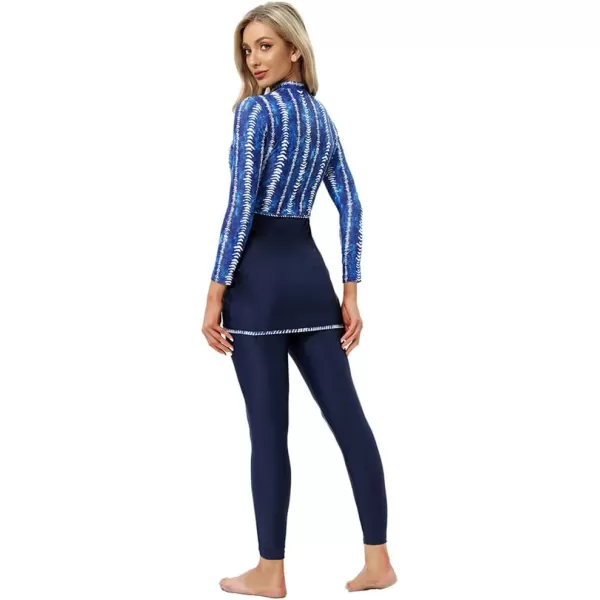 Burkini Swimsuits for Women Modest Muslim Swimsuit Islamic Long Sleeve Burkini Full Cover Hijab Top Pants Bathing SuitBlue Striped Print