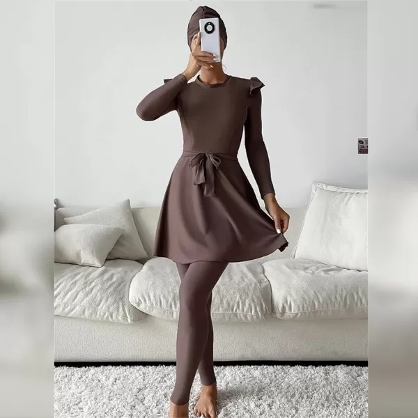 Burkini Swimsuits for Women Modest Muslim Swimsuit Islamic Long Sleeve Burkini Full Cover Hijab Top Pants Bathing SuitBrown  Dress Set