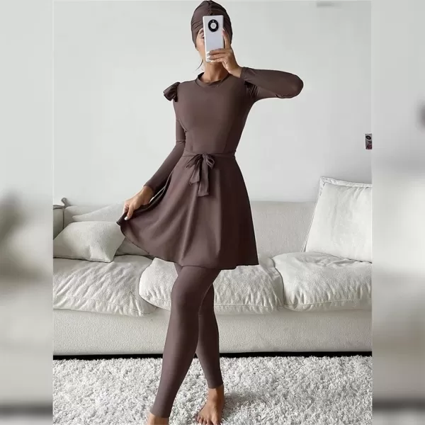 Burkini Swimsuits for Women Modest Muslim Swimsuit Islamic Long Sleeve Burkini Full Cover Hijab Top Pants Bathing SuitBrown  Dress Set