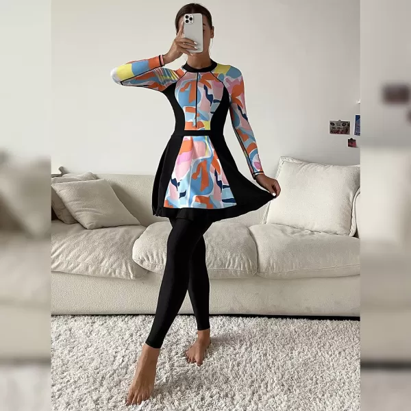 Burkini Swimsuits for Women Modest Muslim Swimsuit Islamic Long Sleeve Burkini Full Cover Hijab Top Pants Bathing SuitColorful Print  Dress Set