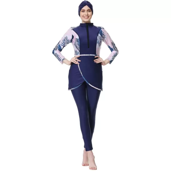 Burkini Swimsuits for Women Modest Muslim Swimsuit Islamic Long Sleeve Burkini Full Cover Hijab Top Pants Bathing SuitDark Blue  Pink Floral