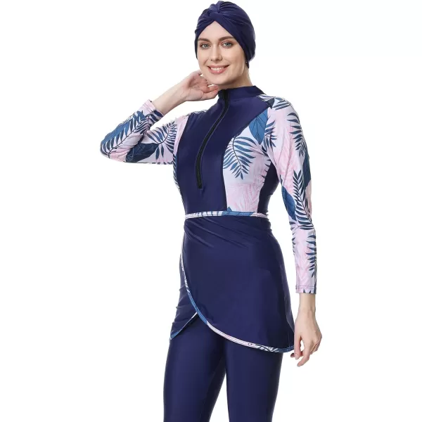 Burkini Swimsuits for Women Modest Muslim Swimsuit Islamic Long Sleeve Burkini Full Cover Hijab Top Pants Bathing SuitDark Blue  Pink Floral