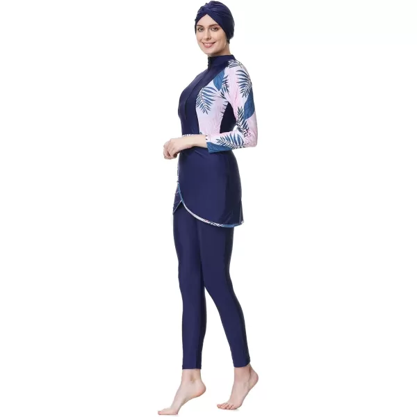 Burkini Swimsuits for Women Modest Muslim Swimsuit Islamic Long Sleeve Burkini Full Cover Hijab Top Pants Bathing SuitDark Blue  Pink Floral
