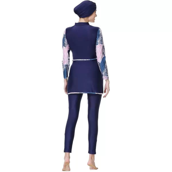 Burkini Swimsuits for Women Modest Muslim Swimsuit Islamic Long Sleeve Burkini Full Cover Hijab Top Pants Bathing SuitDark Blue  Pink Floral