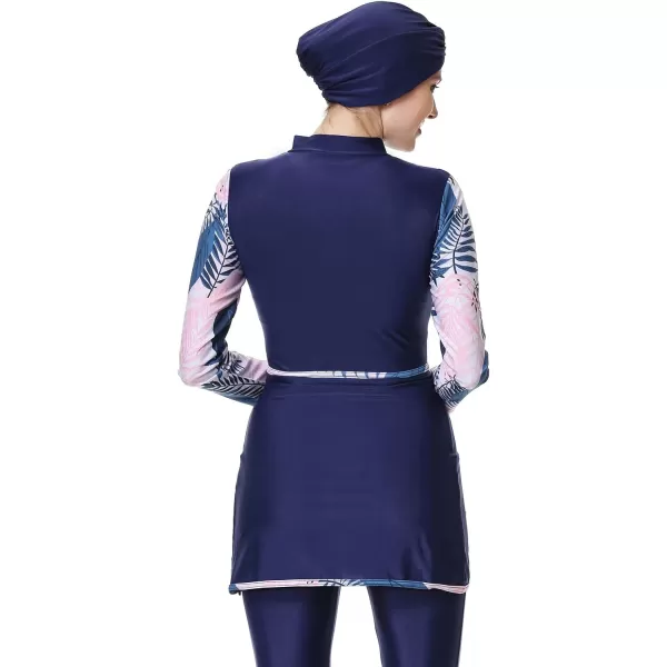 Burkini Swimsuits for Women Modest Muslim Swimsuit Islamic Long Sleeve Burkini Full Cover Hijab Top Pants Bathing SuitDark Blue  Pink Floral