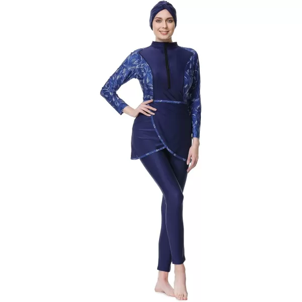 Burkini Swimsuits for Women Modest Muslim Swimsuit Islamic Long Sleeve Burkini Full Cover Hijab Top Pants Bathing SuitDark Blue Print