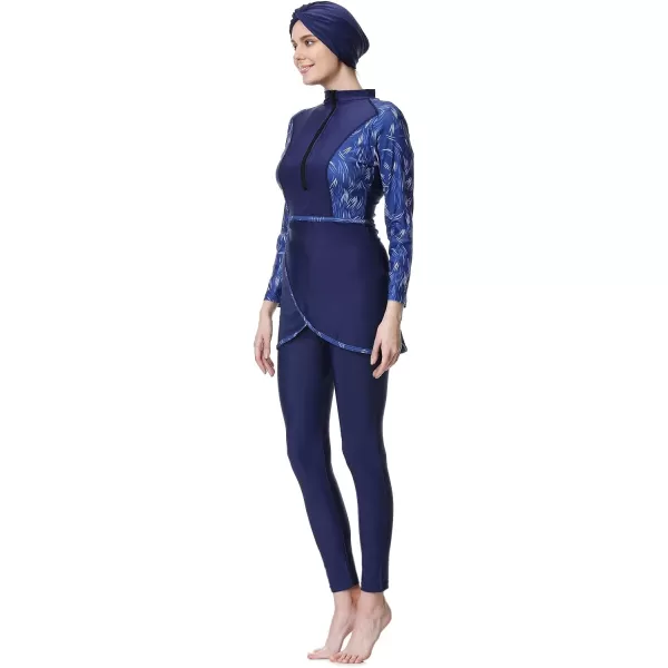 Burkini Swimsuits for Women Modest Muslim Swimsuit Islamic Long Sleeve Burkini Full Cover Hijab Top Pants Bathing SuitDark Blue Print