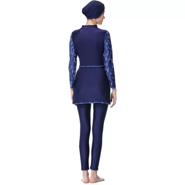 Burkini Swimsuits for Women Modest Muslim Swimsuit Islamic Long Sleeve Burkini Full Cover Hijab Top Pants Bathing SuitDark Blue Print