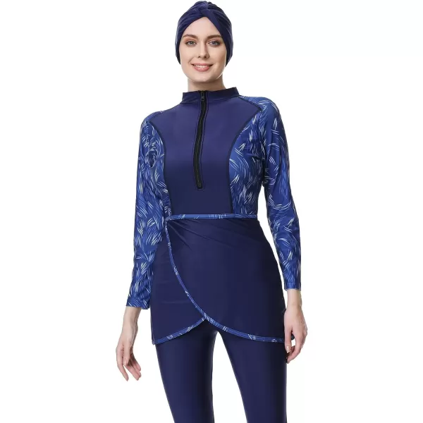 Burkini Swimsuits for Women Modest Muslim Swimsuit Islamic Long Sleeve Burkini Full Cover Hijab Top Pants Bathing SuitDark Blue Print