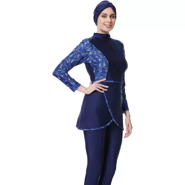 Burkini Swimsuits for Women Modest Muslim Swimsuit Islamic Long Sleeve Burkini Full Cover Hijab Top Pants Bathing SuitDark Blue Print