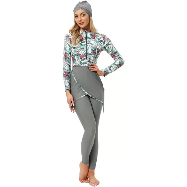 Burkini Swimsuits for Women Modest Muslim Swimsuit Islamic Long Sleeve Burkini Full Cover Hijab Top Pants Bathing SuitGray  Floral