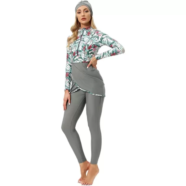 Burkini Swimsuits for Women Modest Muslim Swimsuit Islamic Long Sleeve Burkini Full Cover Hijab Top Pants Bathing SuitGray  Floral