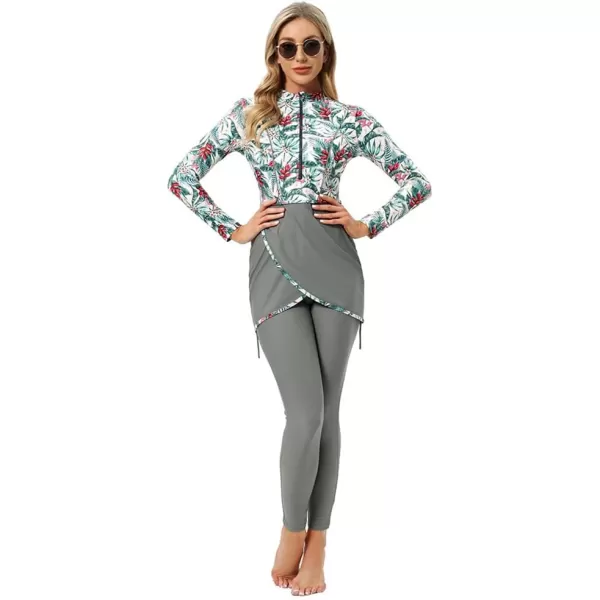 Burkini Swimsuits for Women Modest Muslim Swimsuit Islamic Long Sleeve Burkini Full Cover Hijab Top Pants Bathing SuitGray  Floral