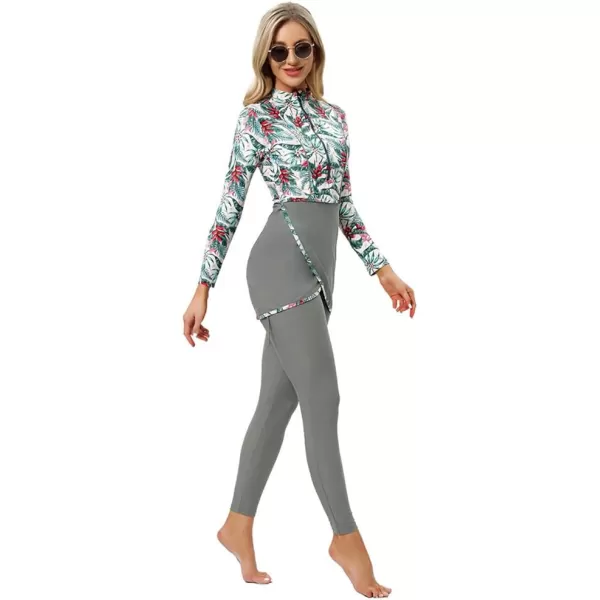 Burkini Swimsuits for Women Modest Muslim Swimsuit Islamic Long Sleeve Burkini Full Cover Hijab Top Pants Bathing SuitGray  Floral