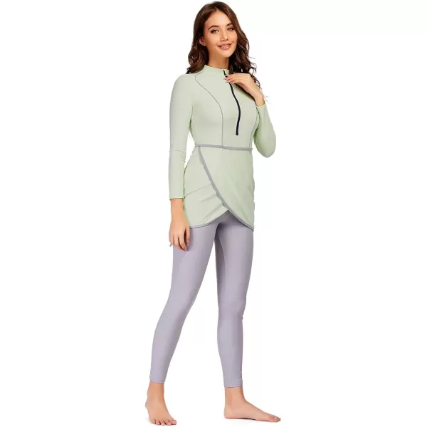 Burkini Swimsuits for Women Modest Muslim Swimsuit Islamic Long Sleeve Burkini Full Cover Hijab Top Pants Bathing SuitGreen  Gray