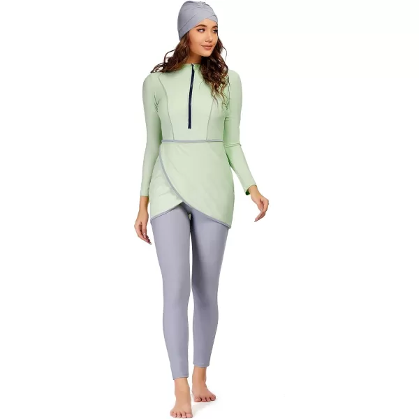 Burkini Swimsuits for Women Modest Muslim Swimsuit Islamic Long Sleeve Burkini Full Cover Hijab Top Pants Bathing SuitGreen  Gray