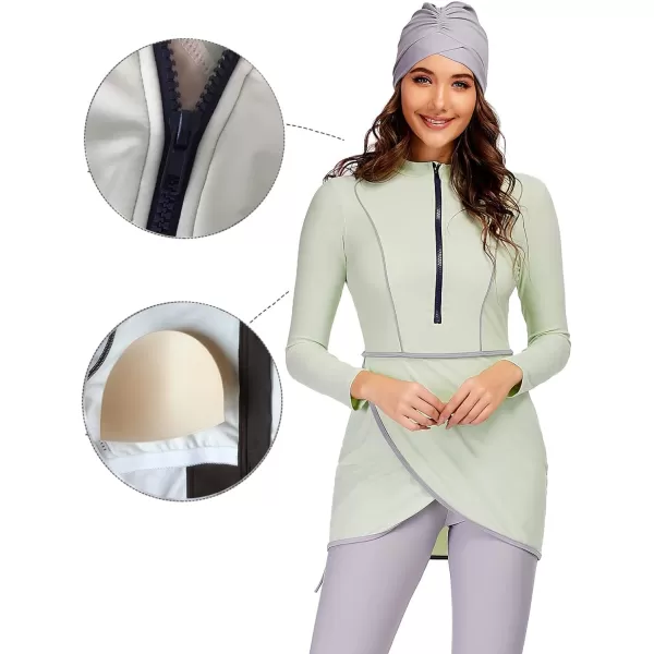 Burkini Swimsuits for Women Modest Muslim Swimsuit Islamic Long Sleeve Burkini Full Cover Hijab Top Pants Bathing SuitGreen  Gray