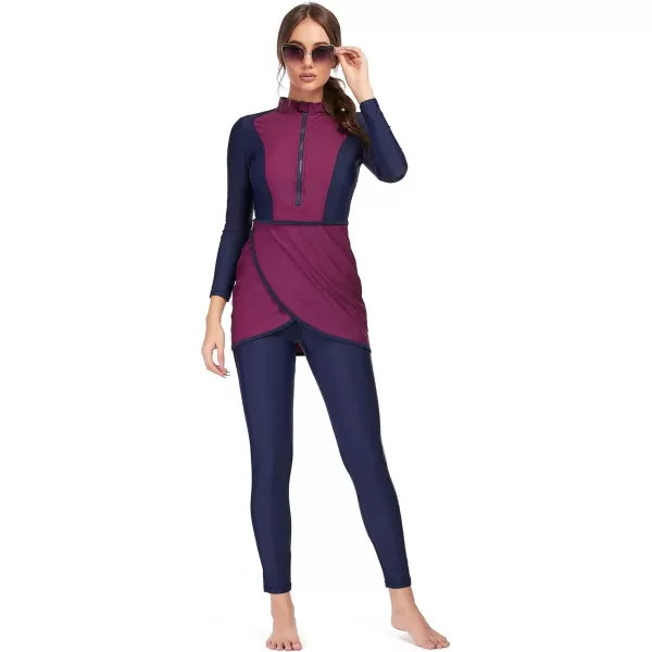 Burkini Swimsuits for Women Modest Muslim Swimsuit Islamic Long Sleeve Burkini Full Cover Hijab Top Pants Bathing SuitNavy Blue